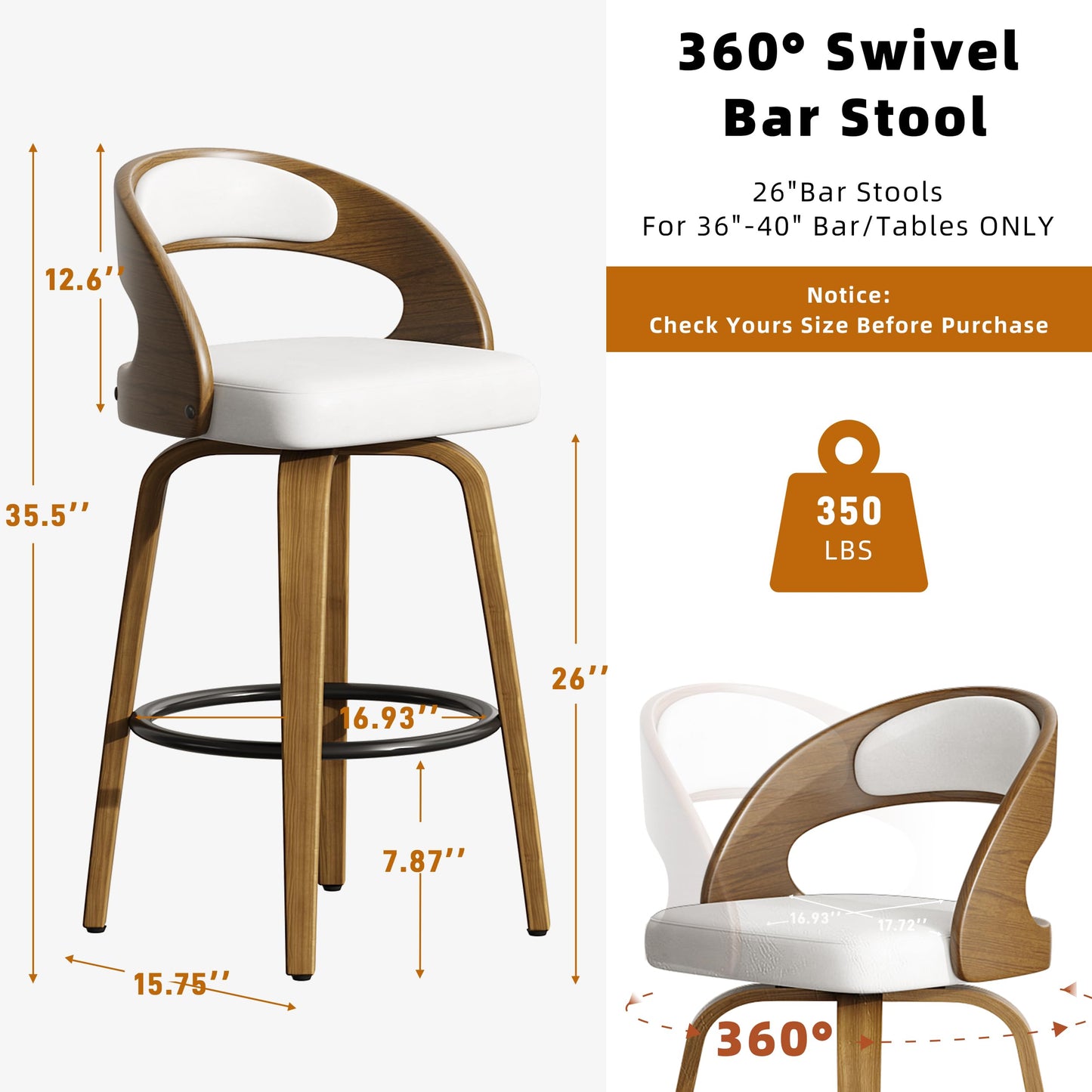 26" Counter Height Bar Stools Set of 4, Swivel Kitchen Island Stools with Ergonomic Curved Backrest, Solid Wood Legs, 300 lbs Capacity, Modern Walnut Finish, Perfect for Kitchen Island(White)