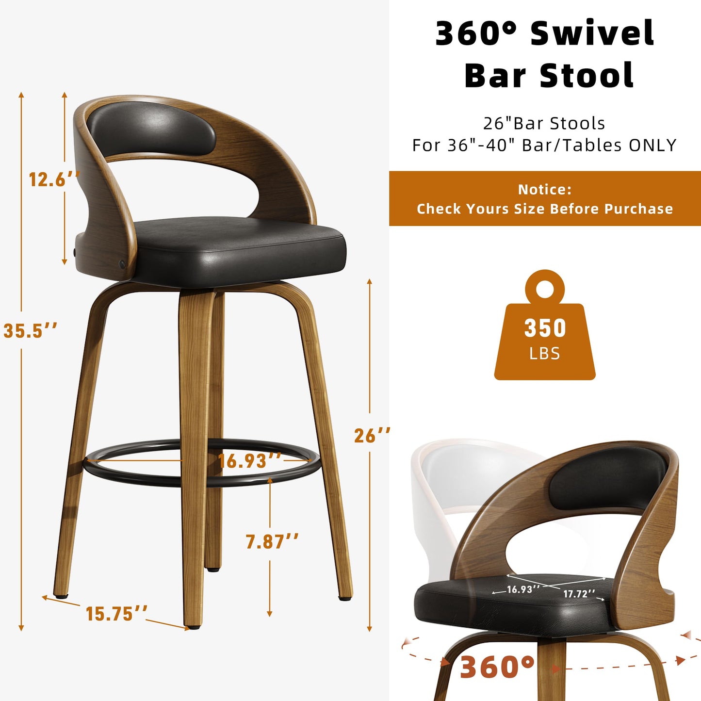 26" Counter Height Bar Stools Set of 4, Swivel Kitchen Island Stools with Ergonomic Curved Backrest, Solid Wood Legs, 300 lbs Capacity, Modern Walnut Finish, Perfect for Kitchen Island(Black)