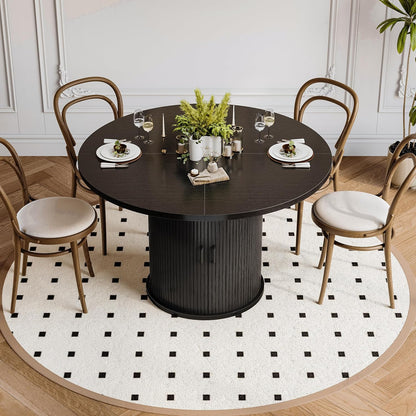 47 Inch Round Dining Table with Storage, 2-Layer Shelf & Wood Slide Door, Farmhouse Style, Waterproof Top, 330 lbs Capacity, for 4-6 Person, Easy Assembly, Black