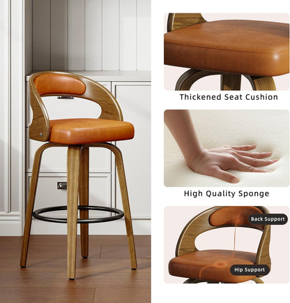 26" Counter Height Bar Stools Set of 2, Swivel Kitchen Island Stools with Ergonomic Curved Backrest, Solid Wood Legs, 300 lbs Capacity, Modern Walnut Finish, Perfect for Kitchen Island(Tawny)