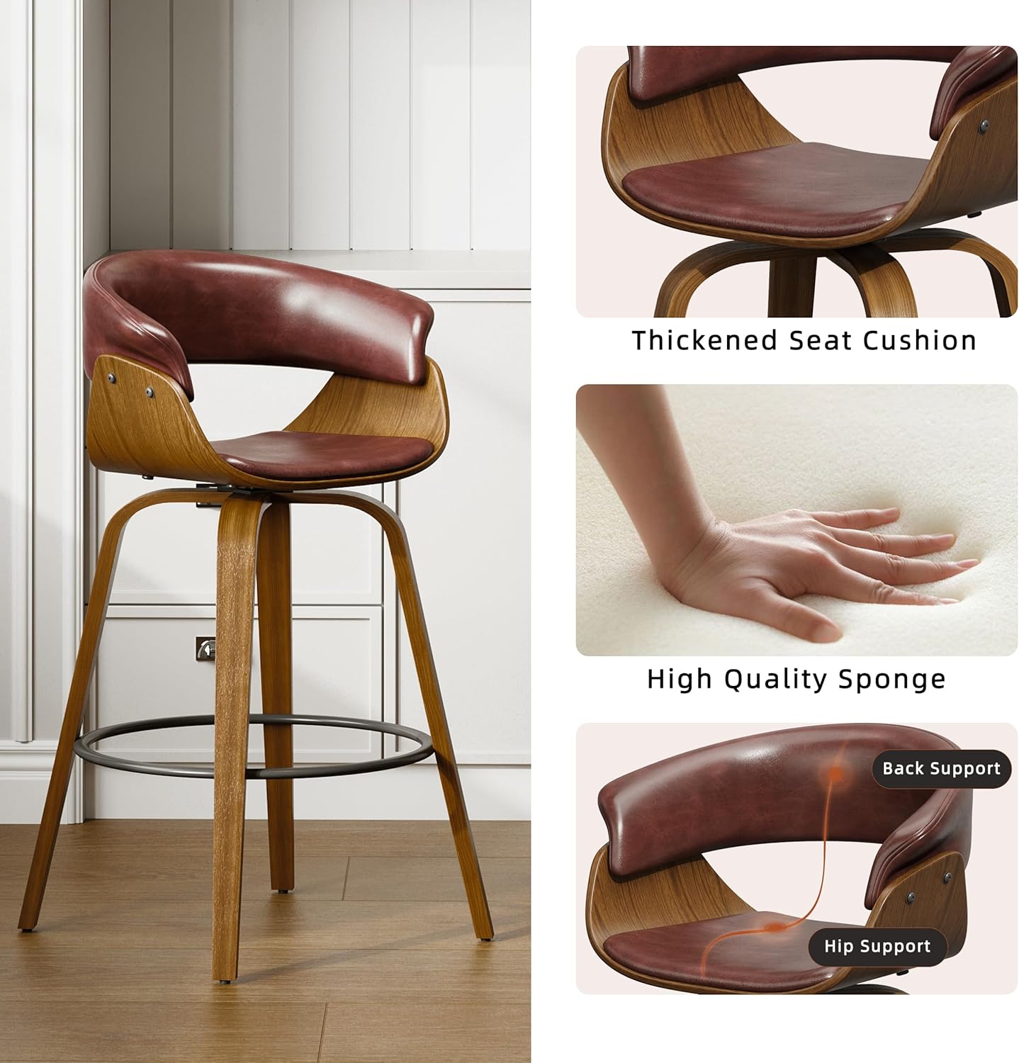 26" Counter Height Bar Stools Set of 2, Swivel Kitchen Island Stools with Ergonomic Curved Backrest, Solid Wood Legs, 300 lbs Capacity, Modern Walnut Finish, Perfect for Kitchen Island(Tan)