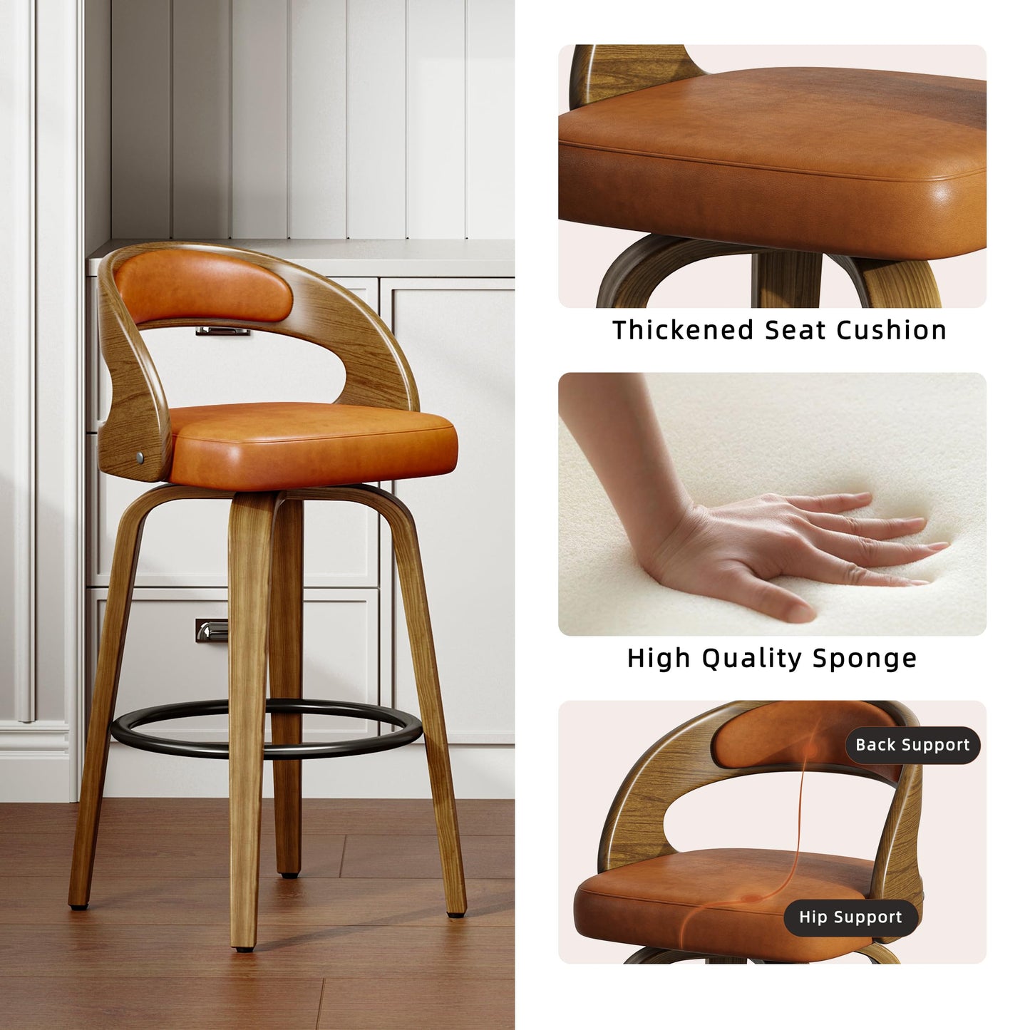 26" Counter Height Bar Stools Set of 4, Swivel Kitchen Island Stools with Ergonomic Curved Backrest, Solid Wood Legs, 300 lbs Capacity, Modern Walnut Finish, Perfect for Kitchen Island(Tawny)