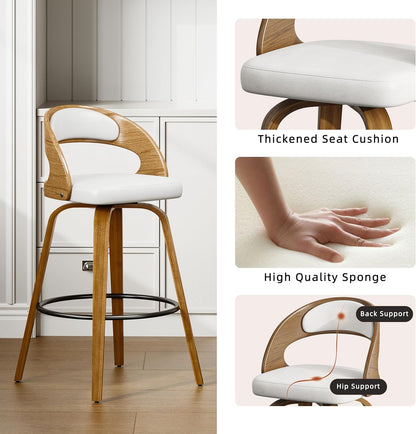 26" Counter Height Bar Stools Set of 2, Swivel Kitchen Island Stools with Ergonomic Curved Backrest, Solid Wood Legs, 300 lbs Capacity, Modern Walnut Finish, Perfect for Kitchen Island(White)