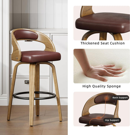 26" Counter Height Bar Stools Set of 2, Swivel Kitchen Island Stools with Ergonomic Curved Backrest, Solid Wood Legs, 300 lbs Capacity, Modern Walnut Finish, Perfect for Kitchen Island(Brown)