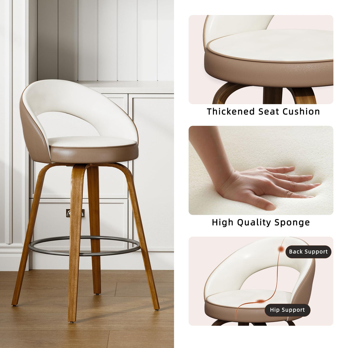26" Counter Height Bar Stools Set of 2, Swivel Kitchen Island Stools with Ergonomic Curved Backrest, Solid Wood Legs, 300 lbs Capacity, Modern Walnut Finish, Perfect for Kitchen Island(Chestnut)