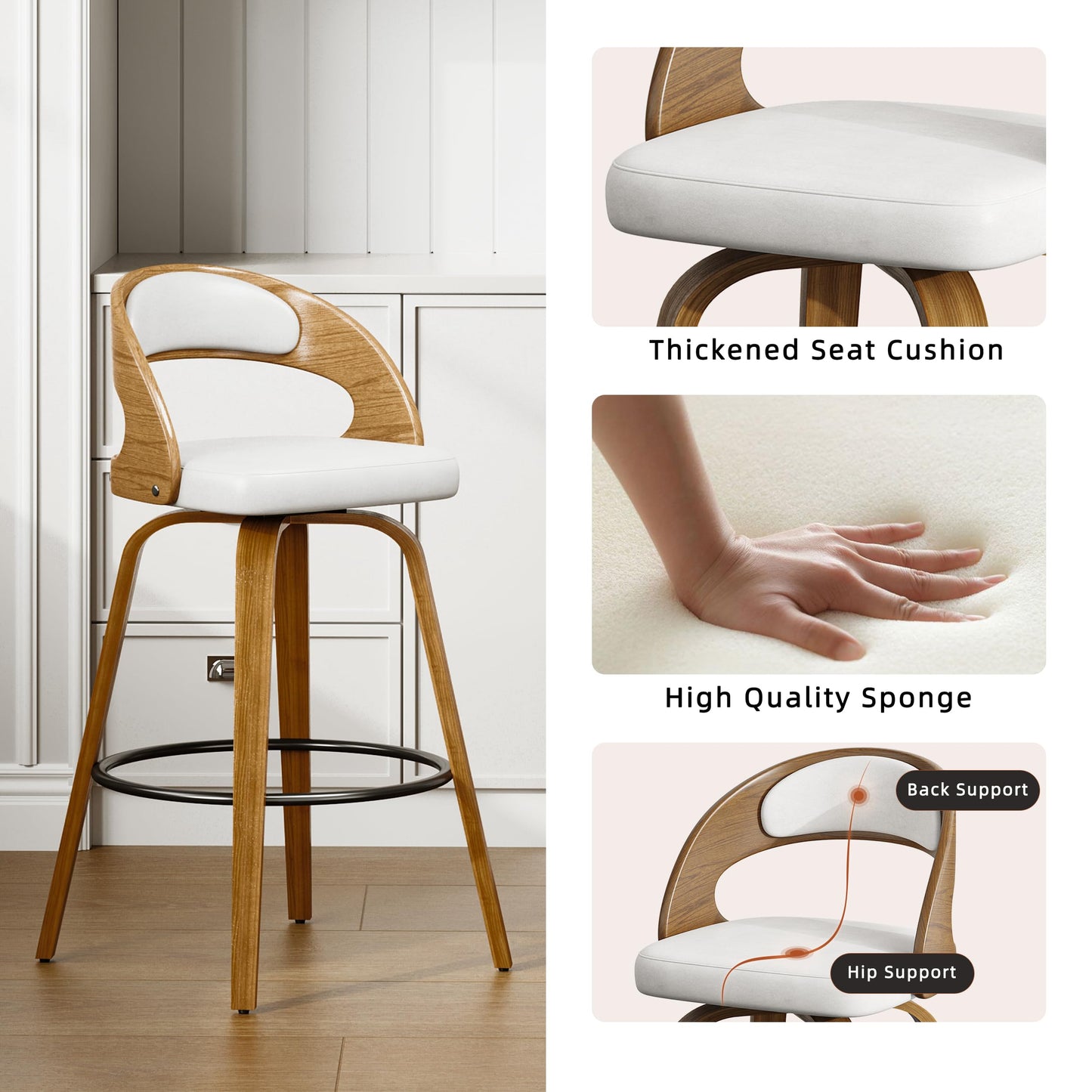 26" Counter Height Bar Stools Set of 4, Swivel Kitchen Island Stools with Ergonomic Curved Backrest, Solid Wood Legs, 300 lbs Capacity, Modern Walnut Finish, Perfect for Kitchen Island(White)