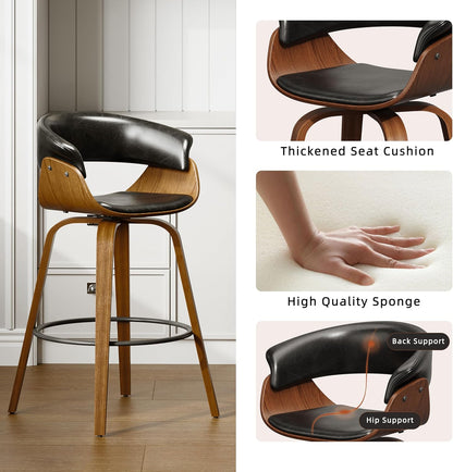 26" Counter Height Bar Stools Set of 2, Swivel Kitchen Island Stools with Ergonomic Curved Backrest, Solid Wood Legs, 300 lbs Capacity, Modern Walnut Finish, Perfect for Kitchen Island(Ebony)