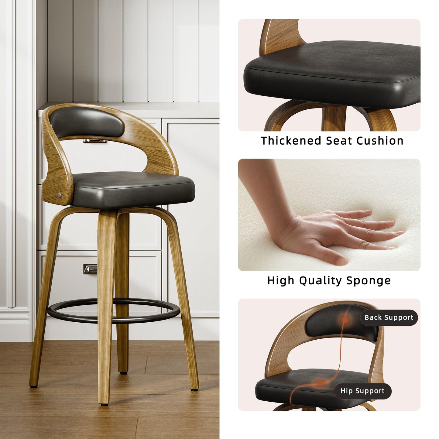 26" Counter Height Bar Stools Set of 4, Swivel Kitchen Island Stools with Ergonomic Curved Backrest, Solid Wood Legs, 300 lbs Capacity, Modern Walnut Finish, Perfect for Kitchen Island(Black)