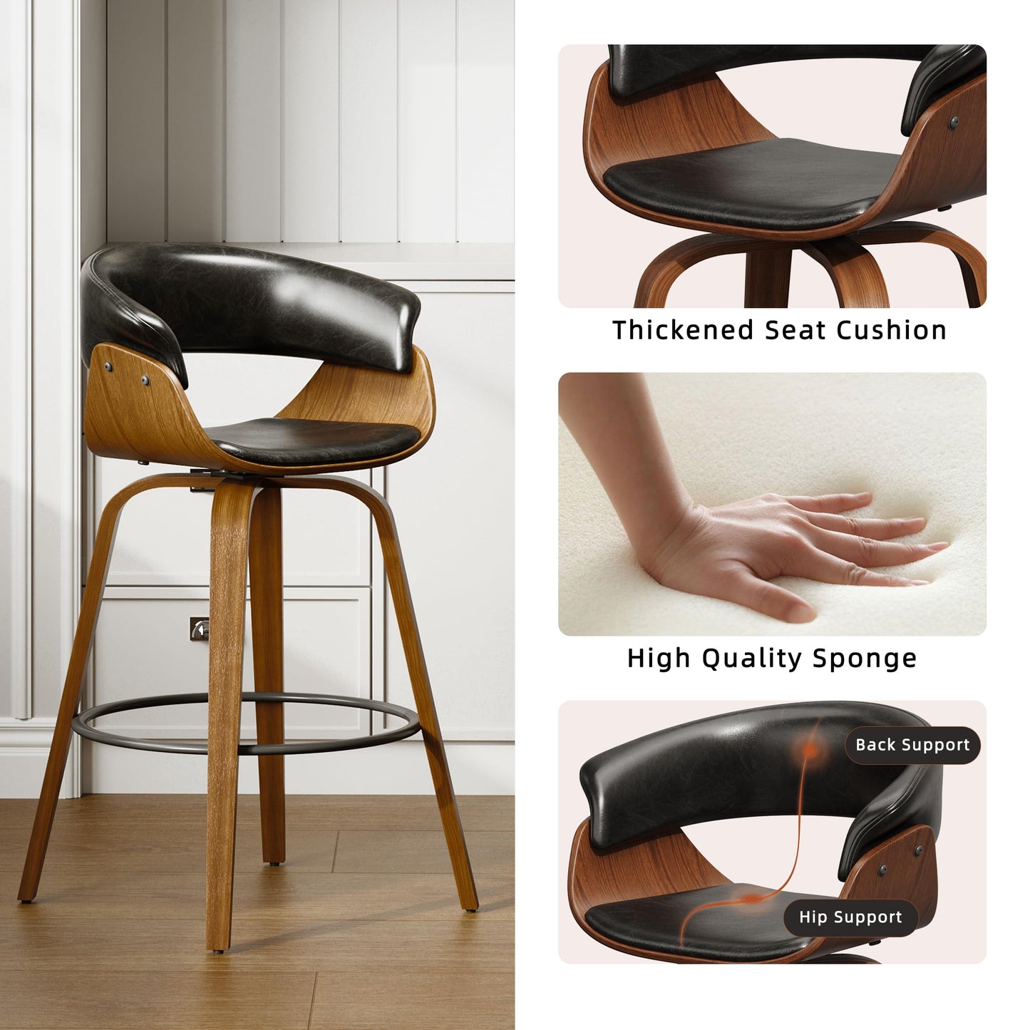26" Counter Height Bar Stools Set of 4, Swivel Kitchen Island Stools with Ergonomic Curved Backrest, Solid Wood Legs, 300 lbs Capacity, Modern Walnut Finish, Perfect for Kitchen Island(Ebony)