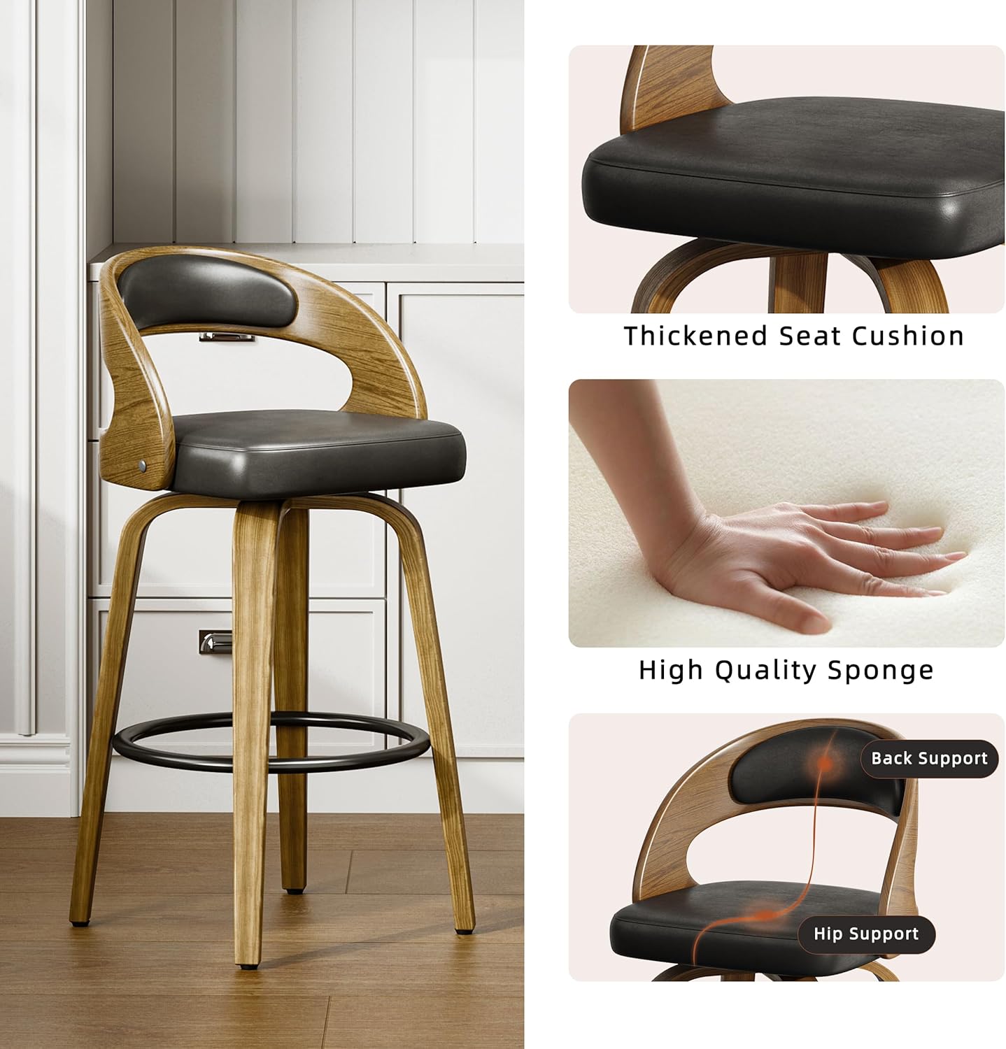 26" Counter Height Bar Stools Set of 2, Swivel Kitchen Island Stools with Ergonomic Curved Backrest, Solid Wood Legs, 300 lbs Capacity, Modern Walnut Finish, Perfect for Kitchen Island(Black)