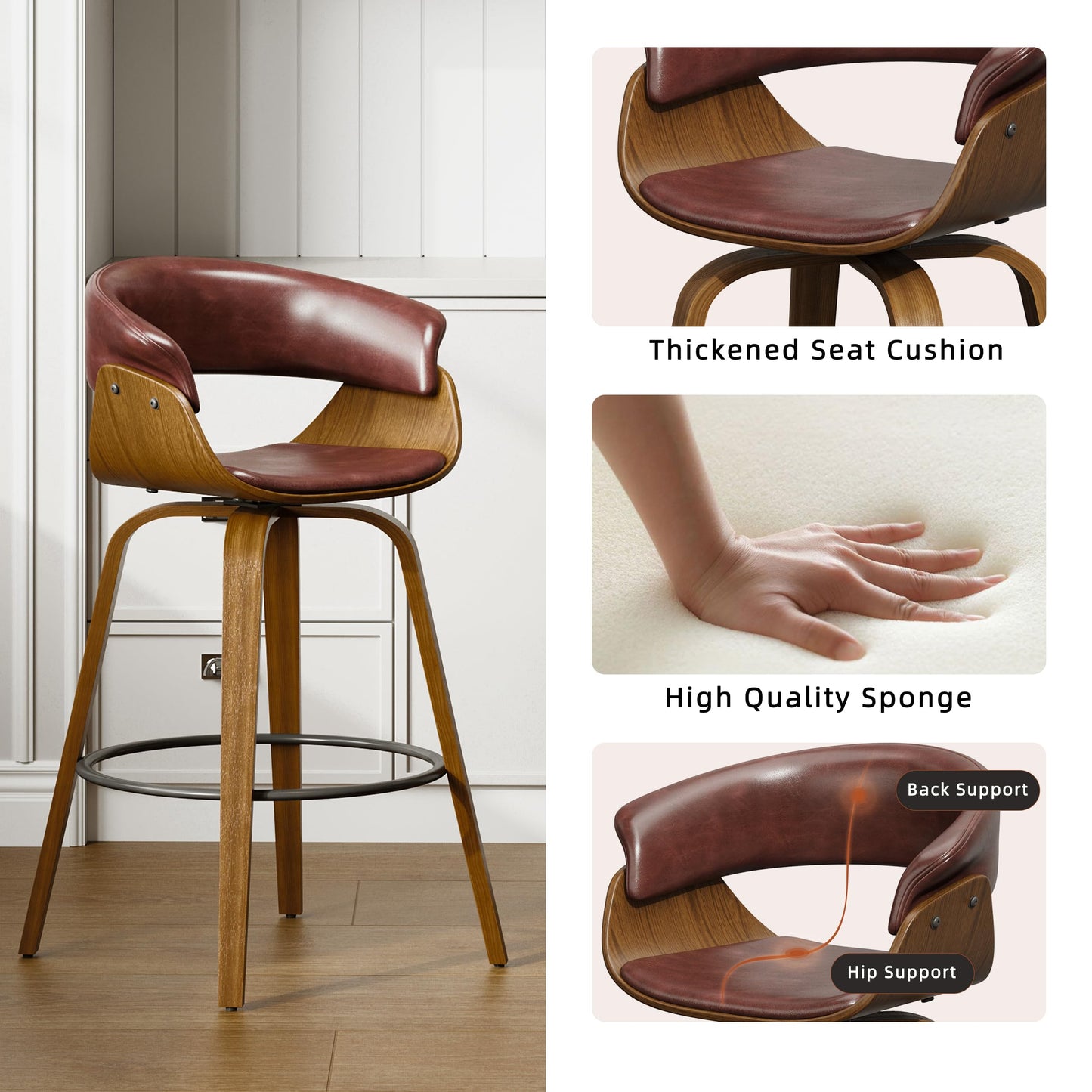 26" Counter Height Bar Stools Set of 4, Swivel Kitchen Island Stools with Ergonomic Curved Backrest, Solid Wood Legs, 300 lbs Capacity, Modern Walnut Finish, Perfect for Kitchen Island(Tan)