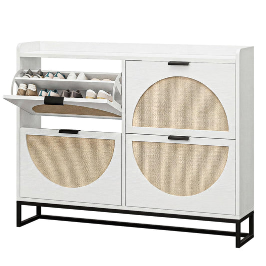 Flip Drawer Shoe Cabinet, Slim Narrow Entryway Storage Furniture with Hidden Flip-Open Organizer, Engineered Wood & Veneer Construction, Hallway Living Room Foyer, 4 Drawer, White