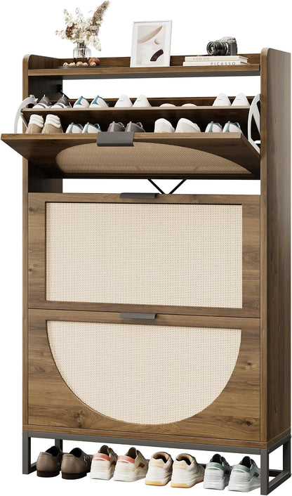 Flip Drawer Shoe Cabinet, Slim Narrow Entryway Storage Furniture with Hidden Flip-Open Organizer, Engineered Wood & Veneer Construction, Hallway Living Room Foyer, 3 Drawer, Oak