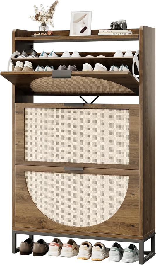 Flip Drawer Shoe Cabinet, Slim Narrow Entryway Storage Furniture with Hidden Flip-Open Organizer, Engineered Wood & Veneer Construction, Hallway Living Room Foyer, 3 Drawer, Oak