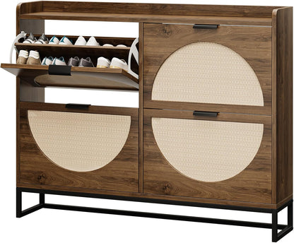Flip Drawer Shoe Cabinet, Slim Narrow Entryway Storage Furniture with Hidden Flip-Open Organizer, Engineered Wood & Veneer Construction, Hallway Living Room Foyer, 4 Drawer, Oak