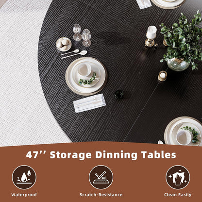 47 Inch Round Dining Table with Storage, 2-Layer Shelf & Wood Slide Door, Farmhouse Style, Waterproof Top, 330 lbs Capacity, for 4-6 Person, Easy Assembly, Black