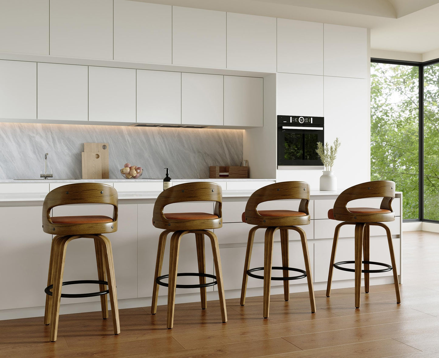 26" Counter Height Bar Stools Set of 4, Swivel Kitchen Island Stools with Ergonomic Curved Backrest, Solid Wood Legs, 300 lbs Capacity, Modern Walnut Finish, Perfect for Kitchen Island(Tawny)
