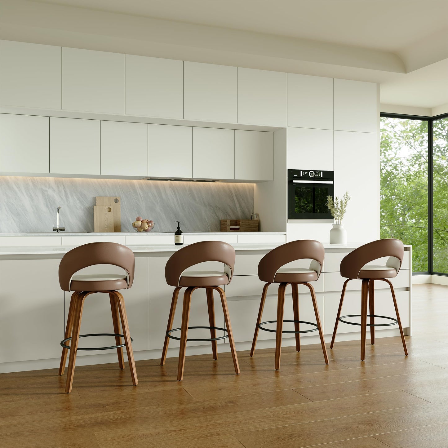 26" Counter Height Bar Stools Set of 2, Swivel Kitchen Island Stools with Ergonomic Curved Backrest, Solid Wood Legs, 300 lbs Capacity, Modern Walnut Finish, Perfect for Kitchen Island(Chestnut)