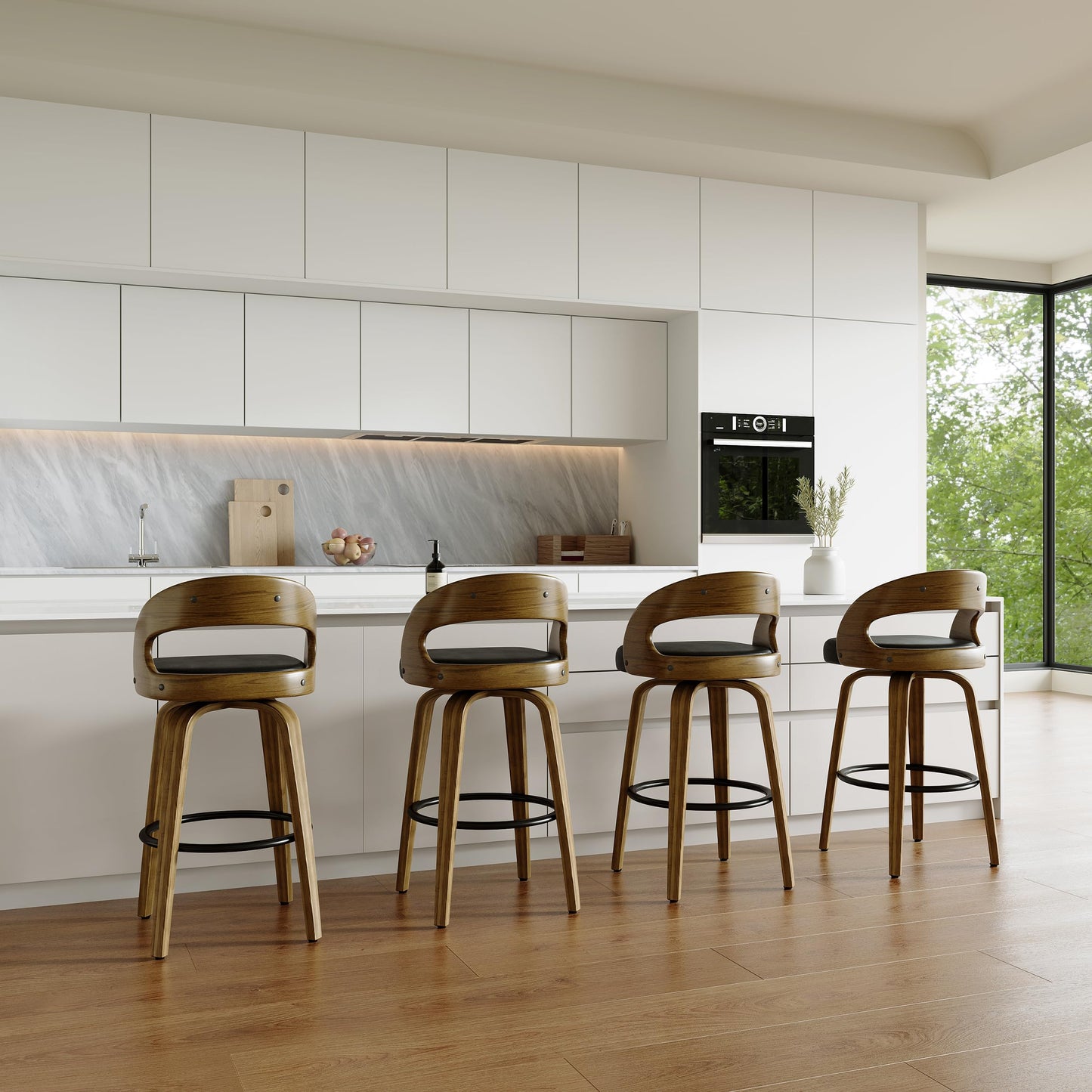 26" Counter Height Bar Stools Set of 4, Swivel Kitchen Island Stools with Ergonomic Curved Backrest, Solid Wood Legs, 300 lbs Capacity, Modern Walnut Finish, Perfect for Kitchen Island(Black)