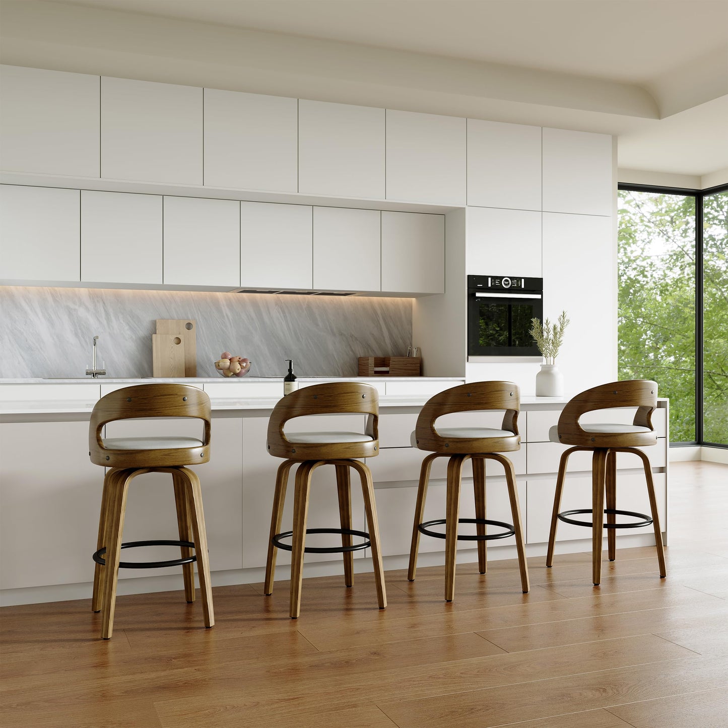 26" Counter Height Bar Stools Set of 4, Swivel Kitchen Island Stools with Ergonomic Curved Backrest, Solid Wood Legs, 300 lbs Capacity, Modern Walnut Finish, Perfect for Kitchen Island(White)