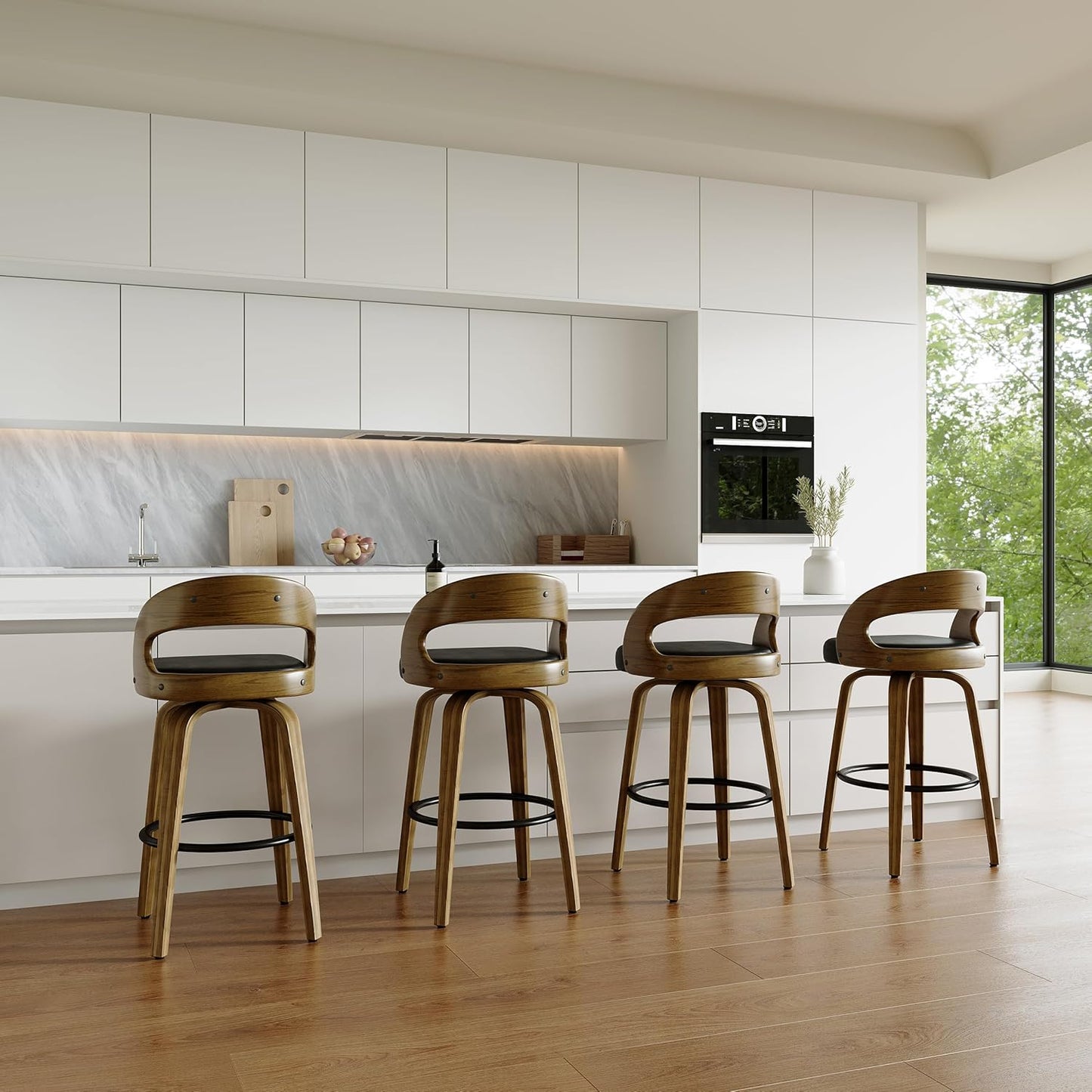26" Counter Height Bar Stools Set of 2, Swivel Kitchen Island Stools with Ergonomic Curved Backrest, Solid Wood Legs, 300 lbs Capacity, Modern Walnut Finish, Perfect for Kitchen Island(Black)
