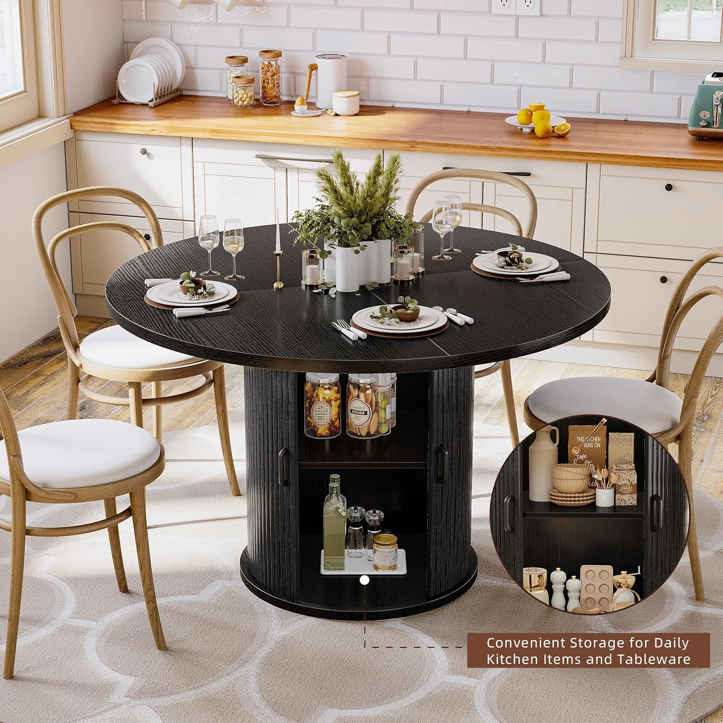 47 Inch Round Dining Table with Storage, 2-Layer Shelf & Wood Slide Door, Farmhouse Style, Waterproof Top, 330 lbs Capacity, for 4-6 Person, Easy Assembly, Black