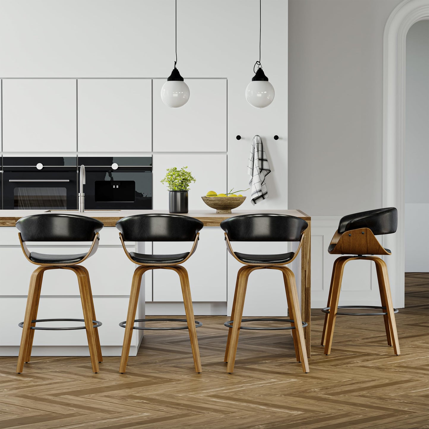 26" Counter Height Bar Stools Set of 4, Swivel Kitchen Island Stools with Ergonomic Curved Backrest, Solid Wood Legs, 300 lbs Capacity, Modern Walnut Finish, Perfect for Kitchen Island(Ebony)