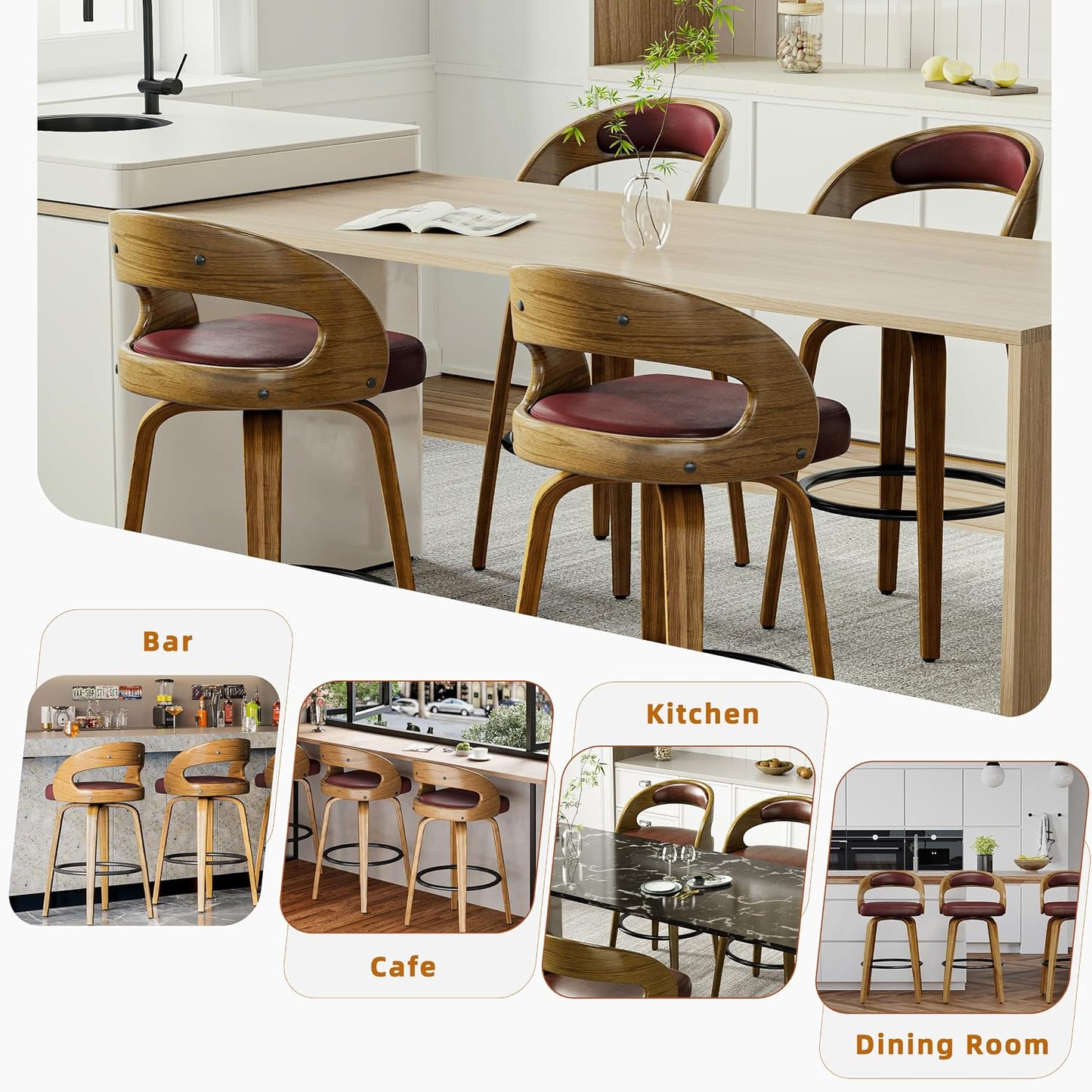 26" Counter Height Bar Stools Set of 2, Swivel Kitchen Island Stools with Ergonomic Curved Backrest, Solid Wood Legs, 300 lbs Capacity, Modern Walnut Finish, Perfect for Kitchen Island(Brown)