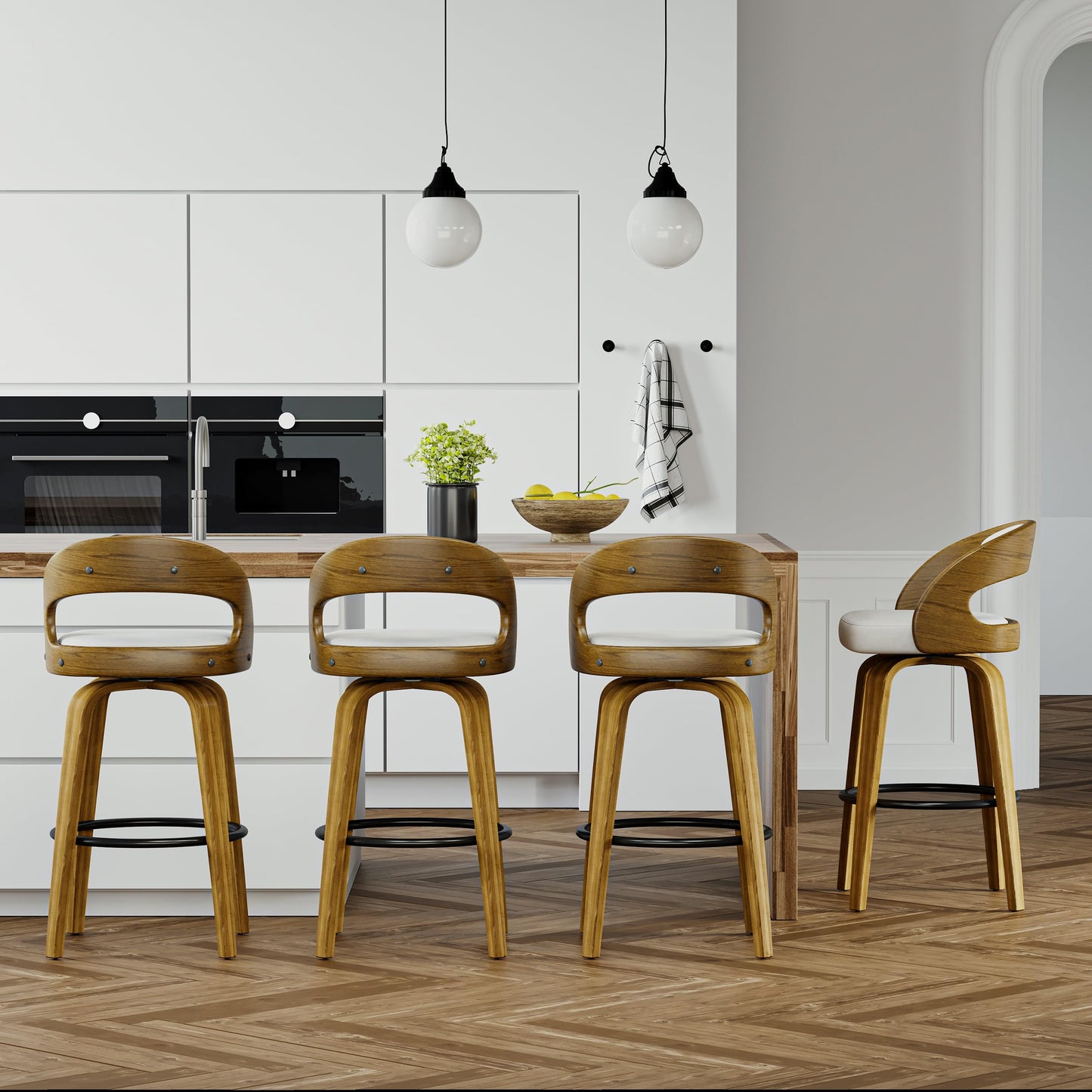26" Counter Height Bar Stools Set of 4, Swivel Kitchen Island Stools with Ergonomic Curved Backrest, Solid Wood Legs, 300 lbs Capacity, Modern Walnut Finish, Perfect for Kitchen Island(White)