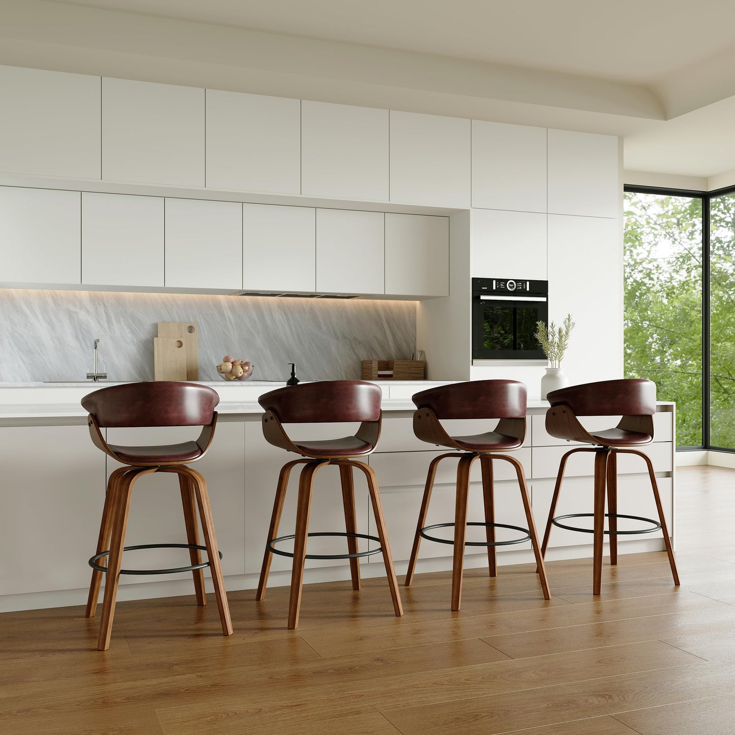 26" Counter Height Bar Stools Set of 4, Swivel Kitchen Island Stools with Ergonomic Curved Backrest, Solid Wood Legs, 300 lbs Capacity, Modern Walnut Finish, Perfect for Kitchen Island(Tan)