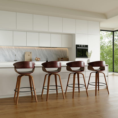 26" Counter Height Bar Stools Set of 4, Swivel Kitchen Island Stools with Ergonomic Curved Backrest, Solid Wood Legs, 300 lbs Capacity, Modern Walnut Finish, Perfect for Kitchen Island(Tan)