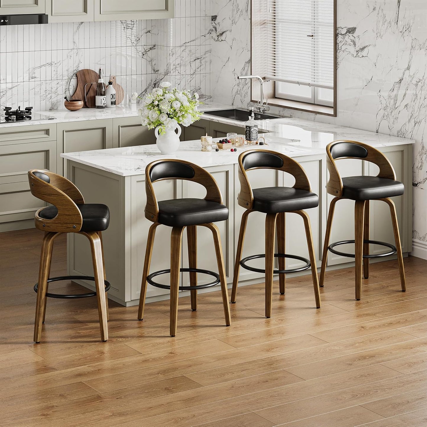 26" Counter Height Bar Stools Set of 2, Swivel Kitchen Island Stools with Ergonomic Curved Backrest, Solid Wood Legs, 300 lbs Capacity, Modern Walnut Finish, Perfect for Kitchen Island(Black)