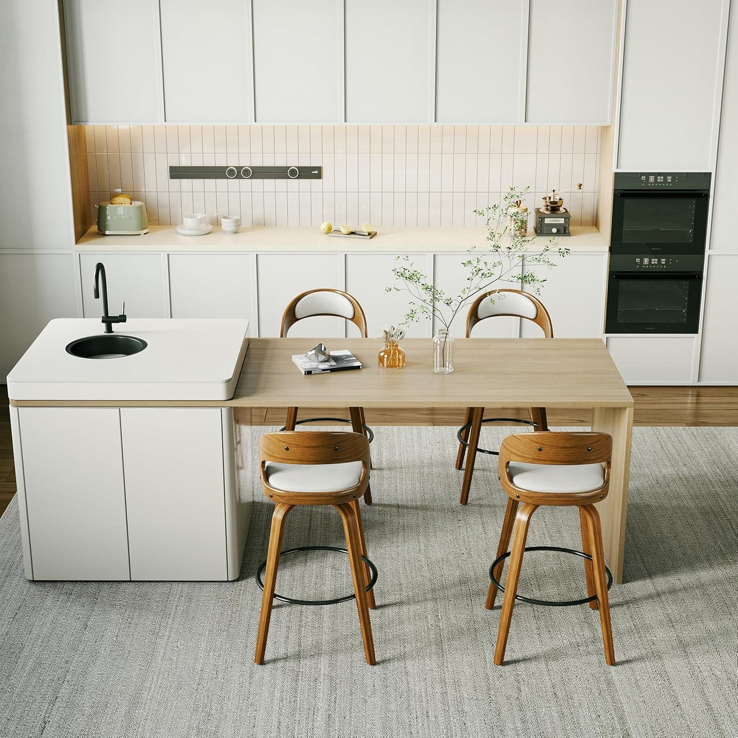26" Counter Height Bar Stools Set of 2, Swivel Kitchen Island Stools with Ergonomic Curved Backrest, Solid Wood Legs, 300 lbs Capacity, Modern Walnut Finish, Perfect for Kitchen Island(White)