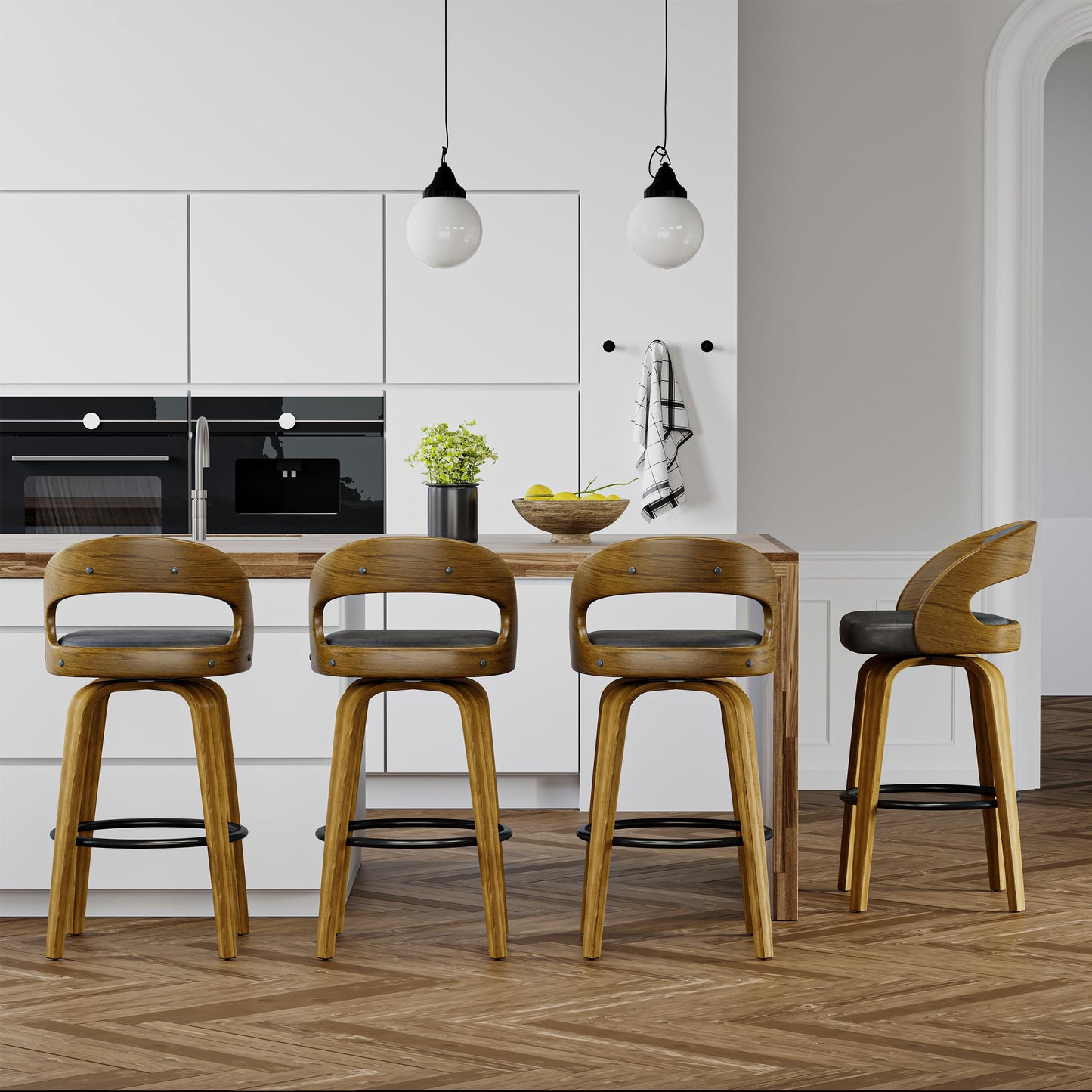 26" Counter Height Bar Stools Set of 4, Swivel Kitchen Island Stools with Ergonomic Curved Backrest, Solid Wood Legs, 300 lbs Capacity, Modern Walnut Finish, Perfect for Kitchen Island(Black)