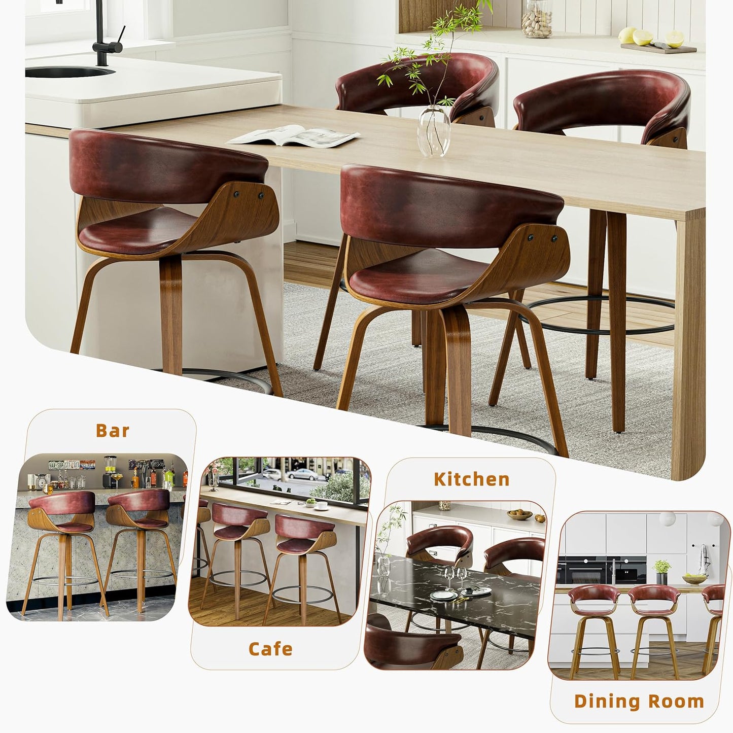 26" Counter Height Bar Stools Set of 2, Swivel Kitchen Island Stools with Ergonomic Curved Backrest, Solid Wood Legs, 300 lbs Capacity, Modern Walnut Finish, Perfect for Kitchen Island(Tan)