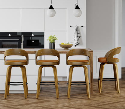 26" Counter Height Bar Stools Set of 4, Swivel Kitchen Island Stools with Ergonomic Curved Backrest, Solid Wood Legs, 300 lbs Capacity, Modern Walnut Finish, Perfect for Kitchen Island(Tawny)
