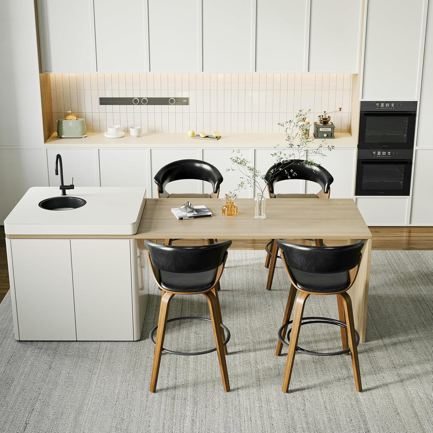 26" Counter Height Bar Stools Set of 2, Swivel Kitchen Island Stools with Ergonomic Curved Backrest, Solid Wood Legs, 300 lbs Capacity, Modern Walnut Finish, Perfect for Kitchen Island(Ebony)
