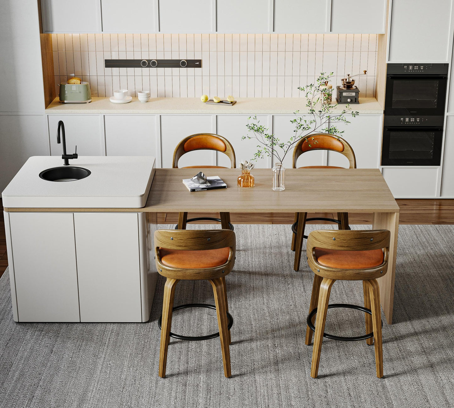 26" Counter Height Bar Stools Set of 4, Swivel Kitchen Island Stools with Ergonomic Curved Backrest, Solid Wood Legs, 300 lbs Capacity, Modern Walnut Finish, Perfect for Kitchen Island(Tawny)