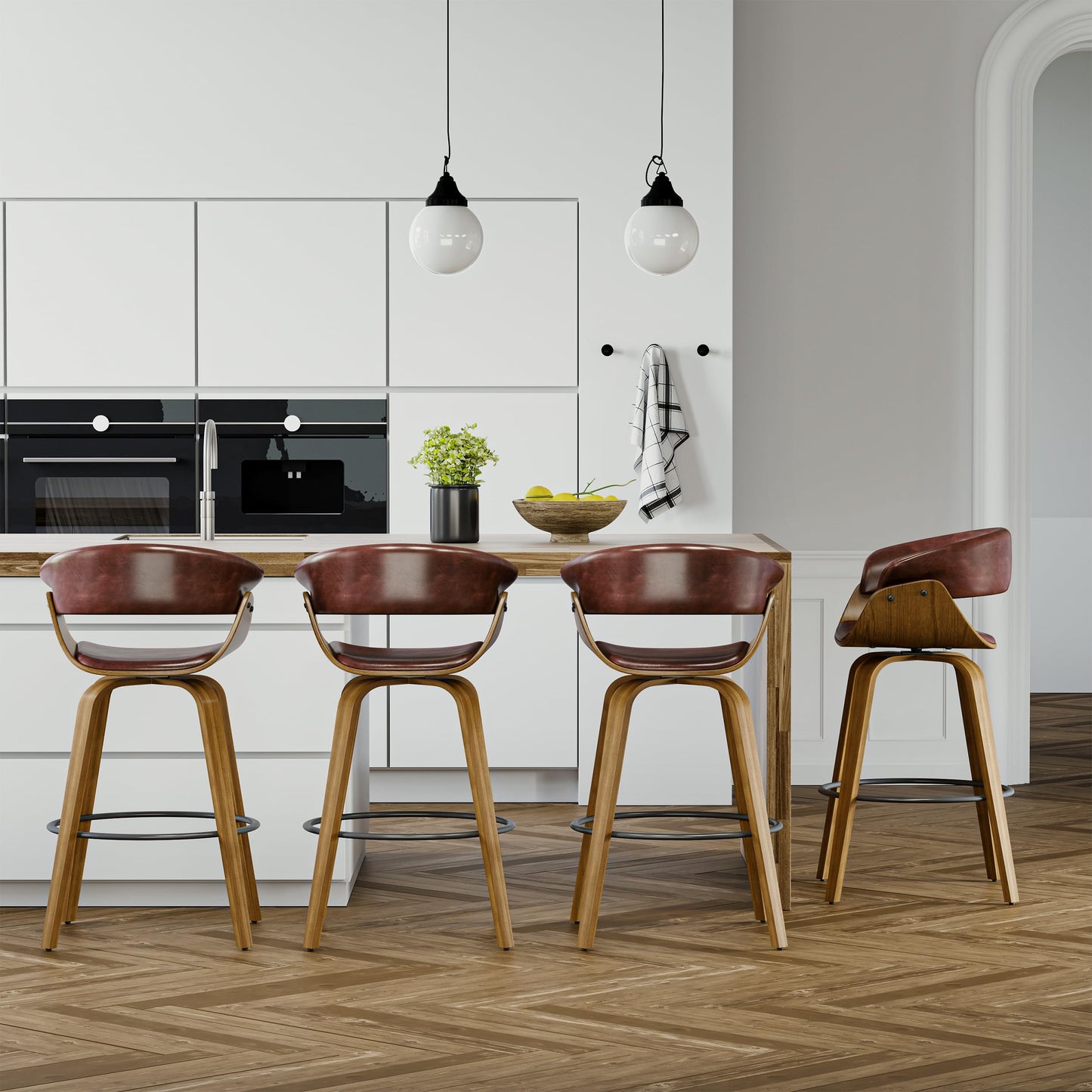 26" Counter Height Bar Stools Set of 4, Swivel Kitchen Island Stools with Ergonomic Curved Backrest, Solid Wood Legs, 300 lbs Capacity, Modern Walnut Finish, Perfect for Kitchen Island(Tan)