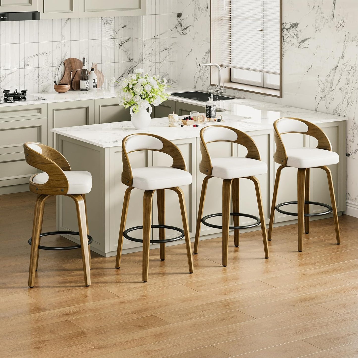 26" Counter Height Bar Stools Set of 2, Swivel Kitchen Island Stools with Ergonomic Curved Backrest, Solid Wood Legs, 300 lbs Capacity, Modern Walnut Finish, Perfect for Kitchen Island(White)
