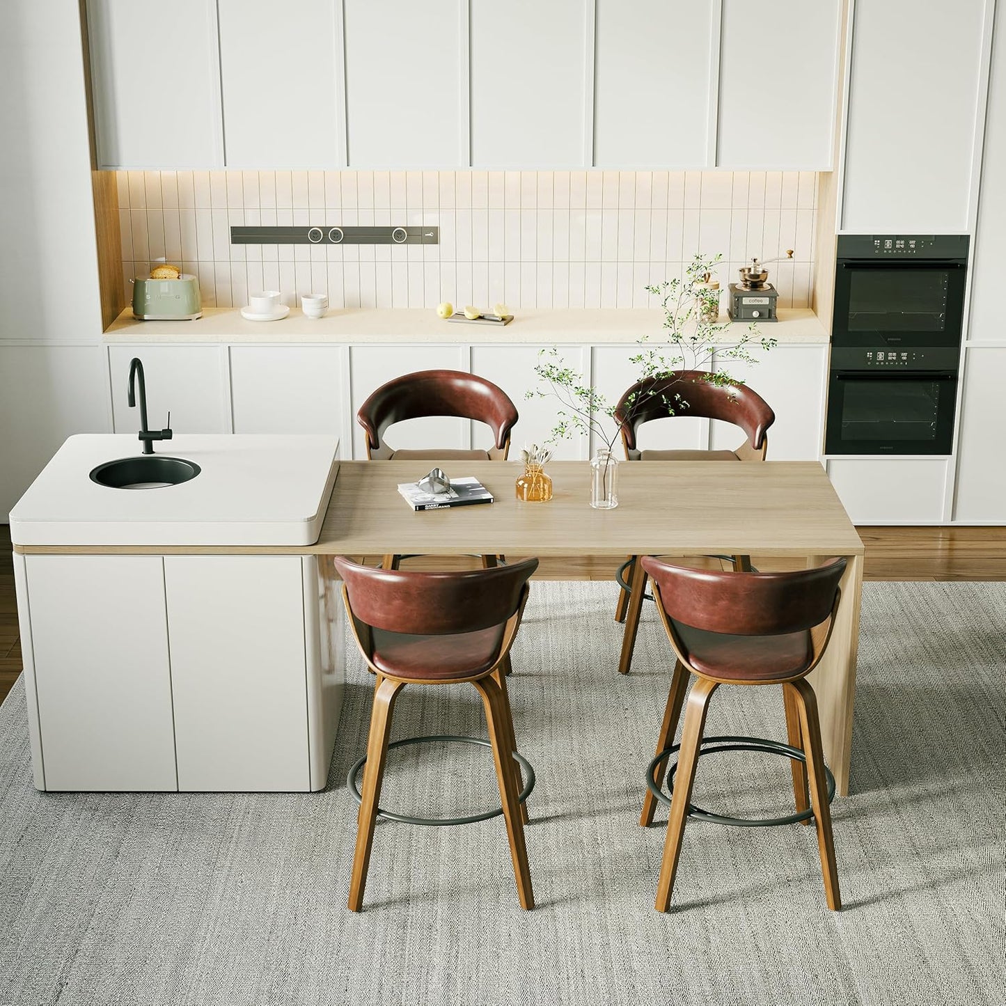 26" Counter Height Bar Stools Set of 2, Swivel Kitchen Island Stools with Ergonomic Curved Backrest, Solid Wood Legs, 300 lbs Capacity, Modern Walnut Finish, Perfect for Kitchen Island(Tan)
