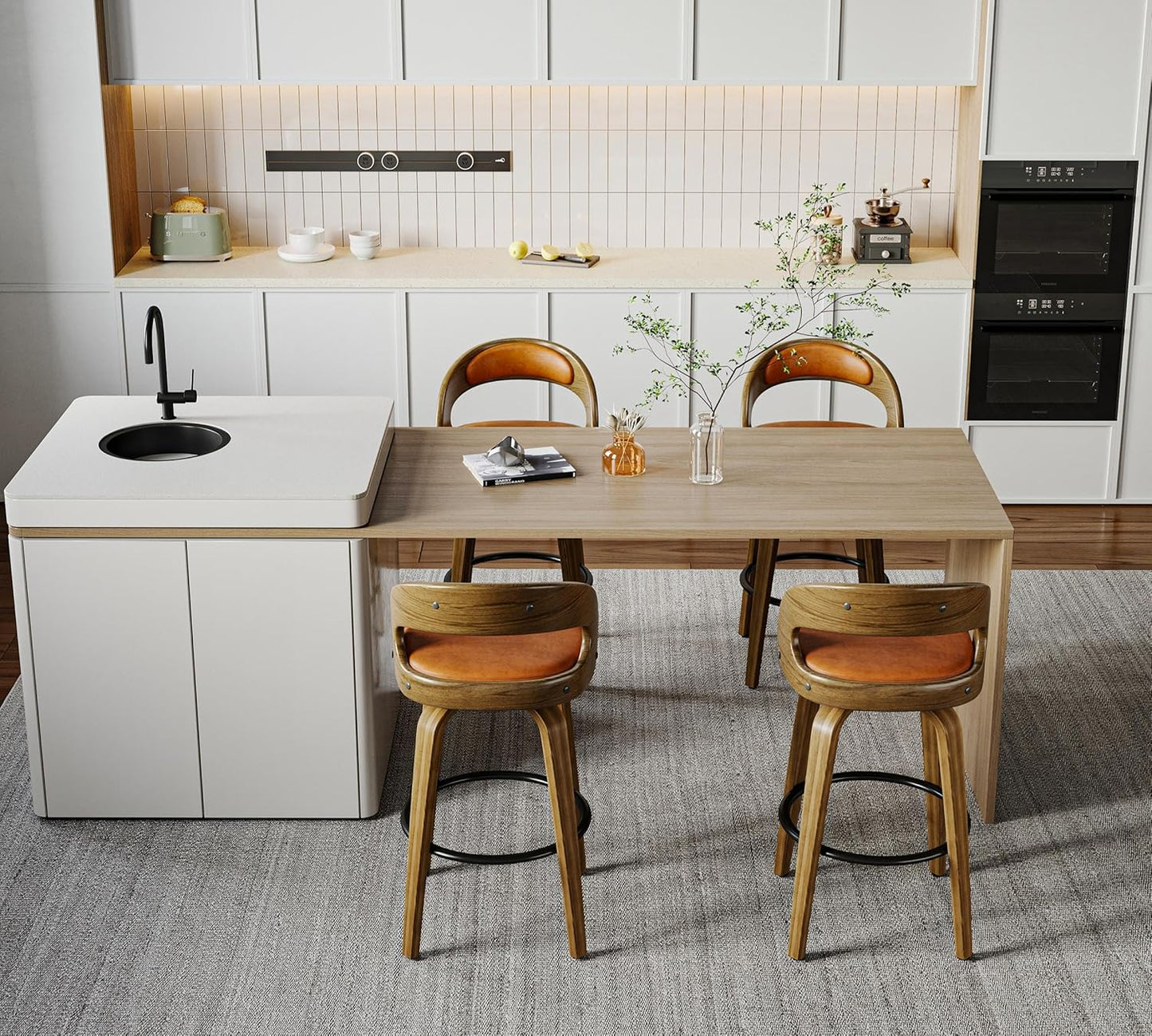 26" Counter Height Bar Stools Set of 2, Swivel Kitchen Island Stools with Ergonomic Curved Backrest, Solid Wood Legs, 300 lbs Capacity, Modern Walnut Finish, Perfect for Kitchen Island(Tawny)