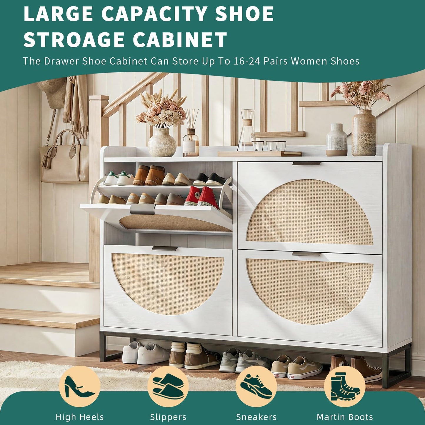 Flip Drawer Shoe Cabinet, Slim Narrow Entryway Storage Furniture with Hidden Flip-Open Organizer, Engineered Wood & Veneer Construction, Hallway Living Room Foyer, 4 Drawer, White