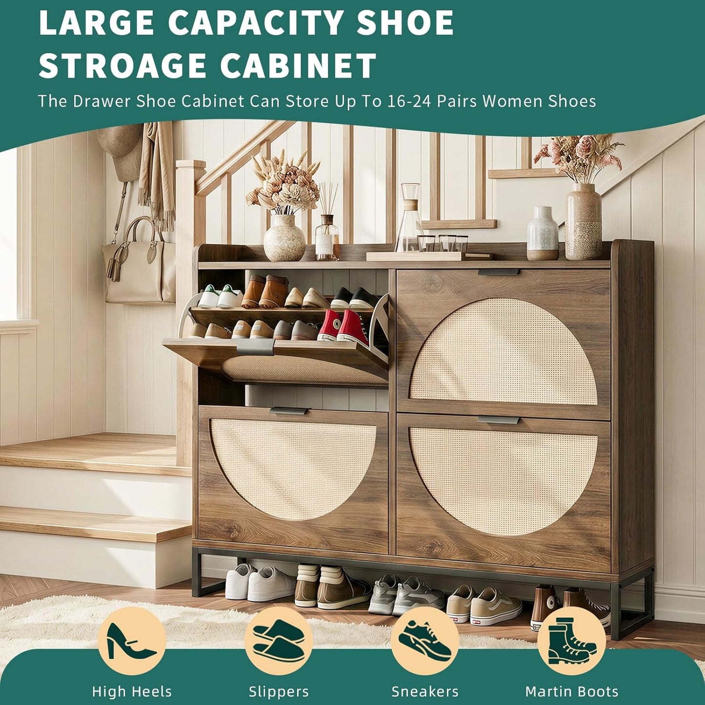 Flip Drawer Shoe Cabinet, Slim Narrow Entryway Storage Furniture with Hidden Flip-Open Organizer, Engineered Wood & Veneer Construction, Hallway Living Room Foyer, 4 Drawer, Oak
