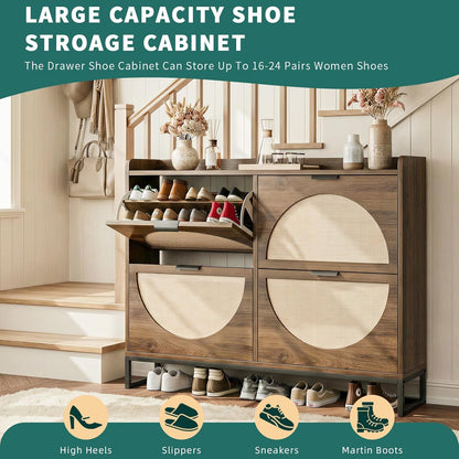 Flip Drawer Shoe Cabinet, Slim Narrow Entryway Storage Furniture with Hidden Flip-Open Organizer, Engineered Wood & Veneer Construction, Hallway Living Room Foyer, 4 Drawer, Oak