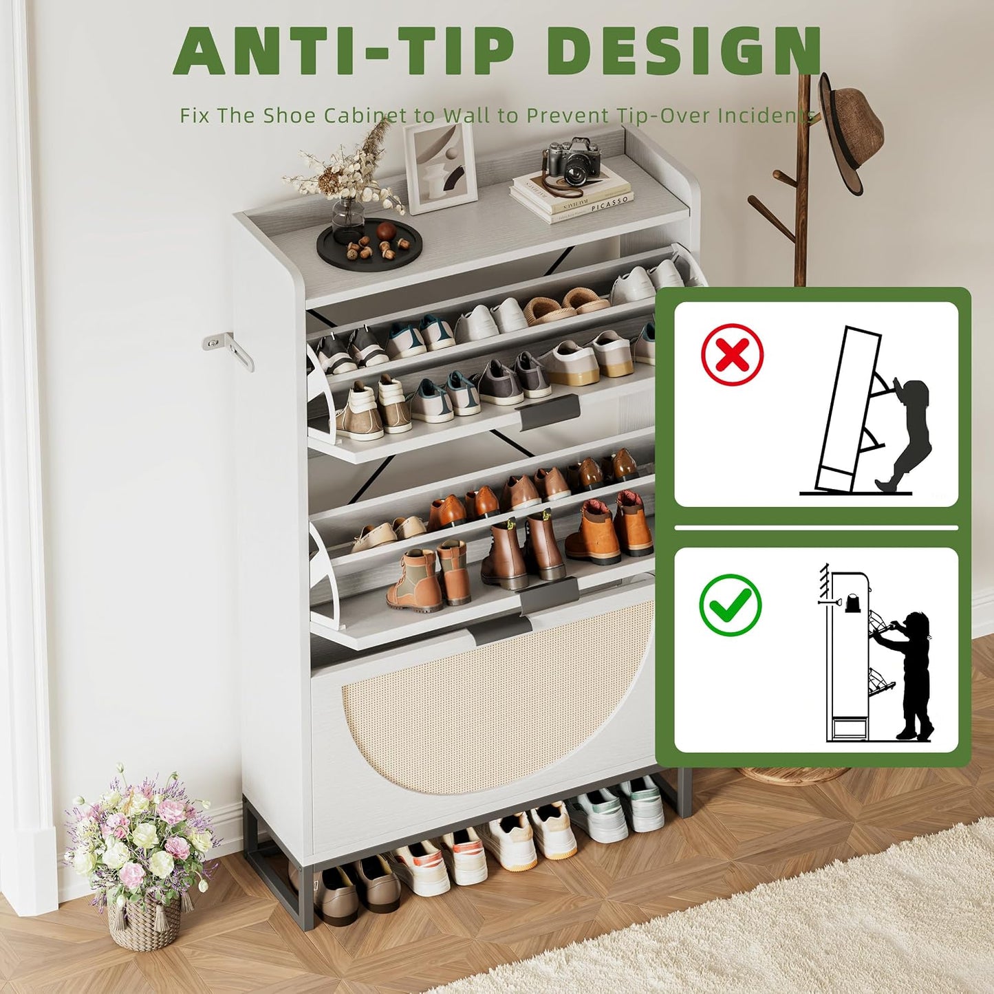 Flip Drawer Shoe Cabinet, Slim Narrow Entryway Storage Furniture with Hidden Flip-Open Organizer, Engineered Wood & Veneer Construction, Hallway Living Room Foyer, 3 Drawer, White