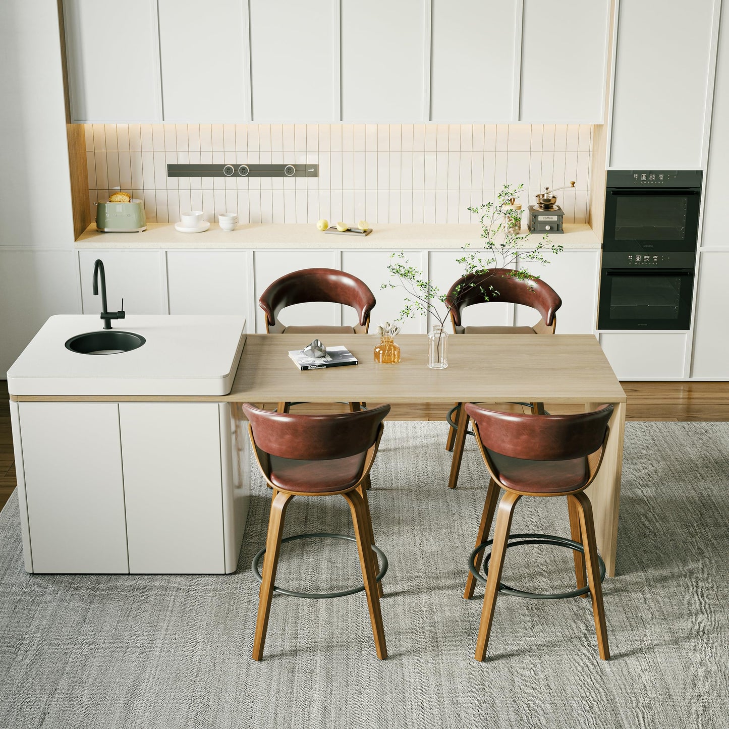 26" Counter Height Bar Stools Set of 4, Swivel Kitchen Island Stools with Ergonomic Curved Backrest, Solid Wood Legs, 300 lbs Capacity, Modern Walnut Finish, Perfect for Kitchen Island(Tan)