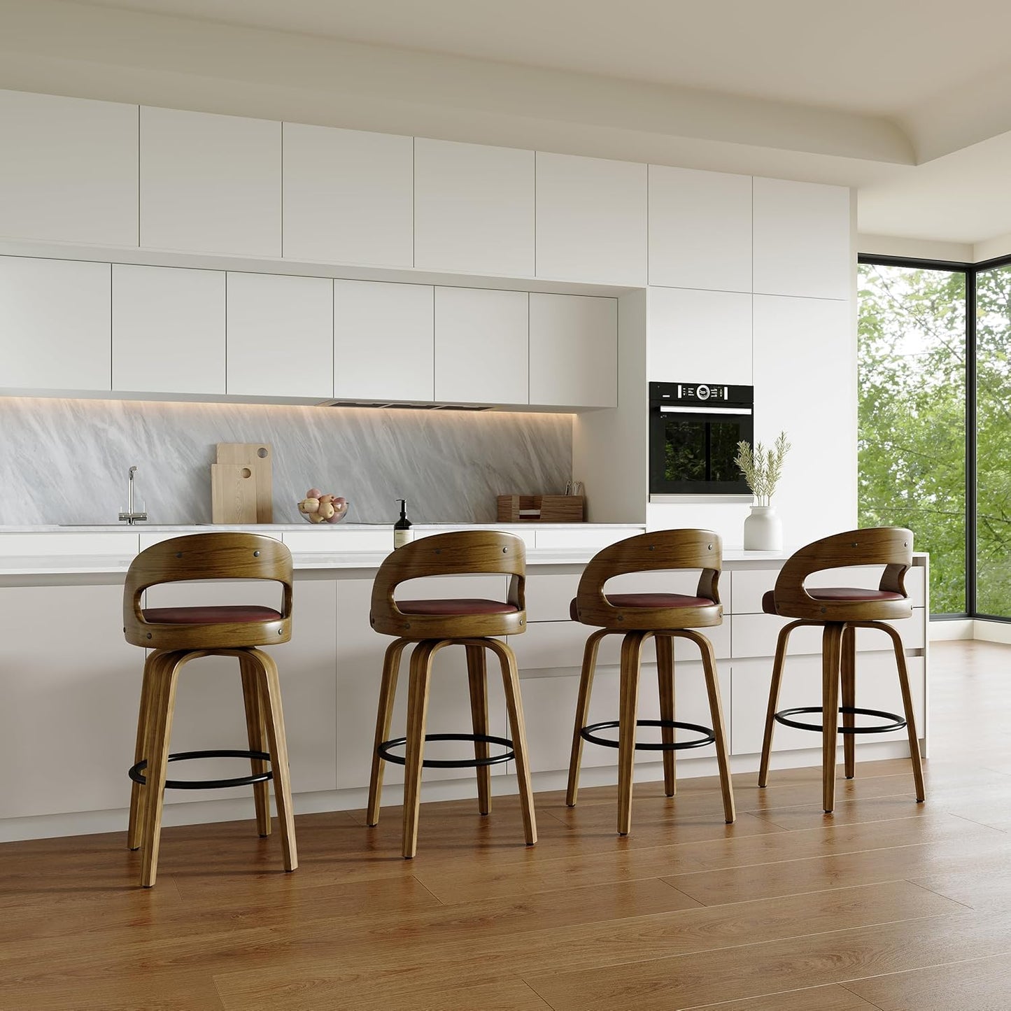 26" Counter Height Bar Stools Set of 2, Swivel Kitchen Island Stools with Ergonomic Curved Backrest, Solid Wood Legs, 300 lbs Capacity, Modern Walnut Finish, Perfect for Kitchen Island(Brown)