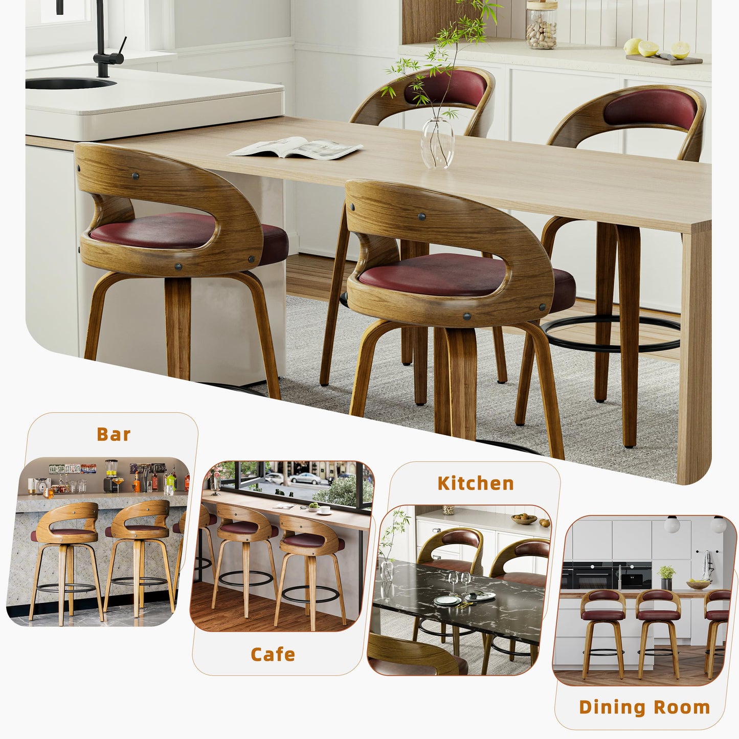 26" Counter Height Bar Stools Set of 4, Swivel Kitchen Island Stools with Ergonomic Curved Backrest, Solid Wood Legs, 300 lbs Capacity, Modern Walnut Finish, Perfect for Kitchen Island(Brown)