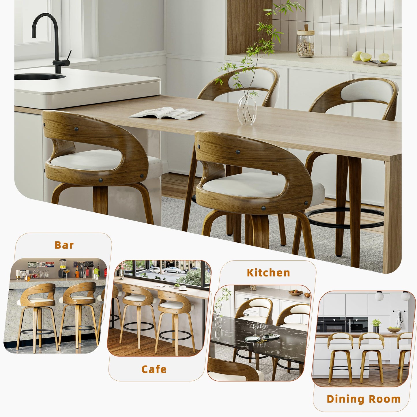 26" Counter Height Bar Stools Set of 4, Swivel Kitchen Island Stools with Ergonomic Curved Backrest, Solid Wood Legs, 300 lbs Capacity, Modern Walnut Finish, Perfect for Kitchen Island(White)